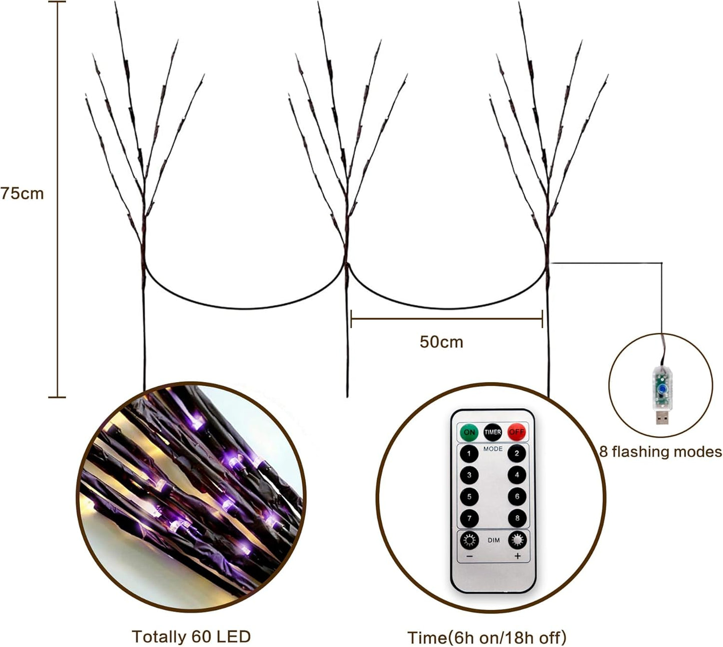 MENCH Branch Lights,3 Pcs Twig Light USB&Battery Powered 8 Flashing Modes by Remote Control.Branch Lights for Indoor, Light Up Decorations for Halloween Day and Christmas,Purple
