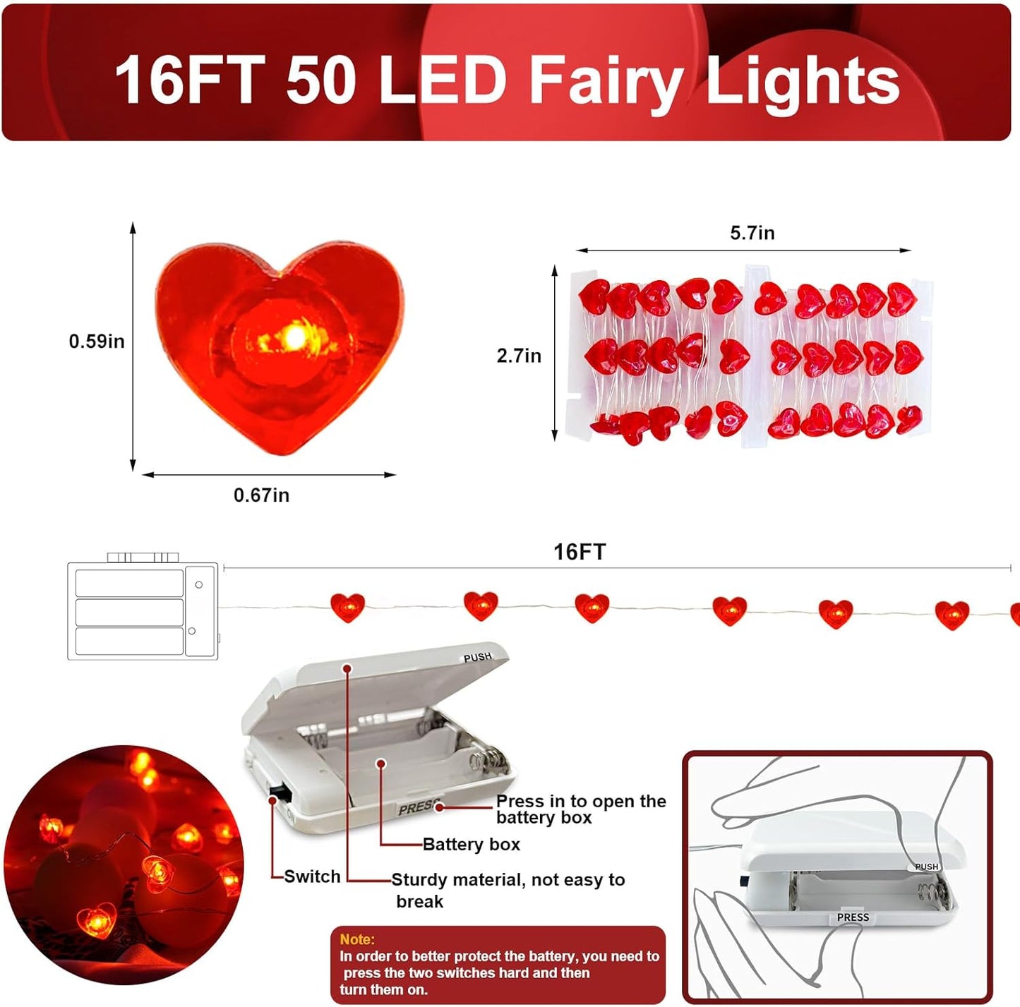 2 Pack Valentine’s Day Red Heart Fairy String Lights 16FT 50 LEDs Valentine's Day Lights Battery Powered Mother Day Decor