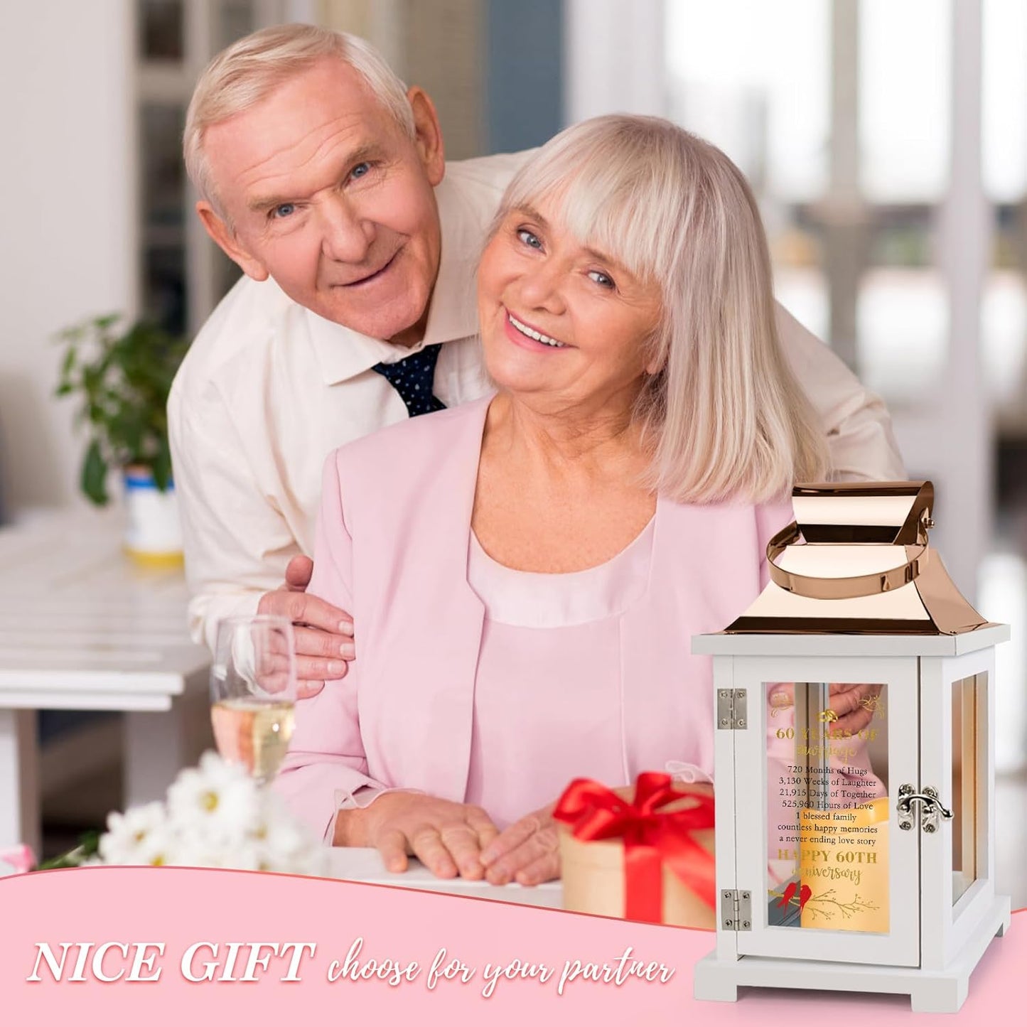 60th Wedding Anniversary Lantern - Rose Gold 60th Anniversary Wedding Gift for Couple, Parents, Grandparents