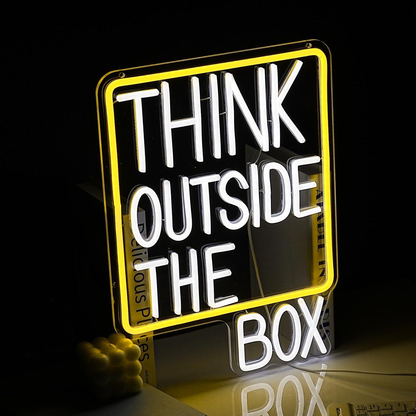 Think Outside The Box Neon Sign Dimmable White Words Neon Light for Wall Decor Led Think Light Up Sign for Study Room Classroom Library Meeting Room Bedroom (16.1 * 11.8 In)