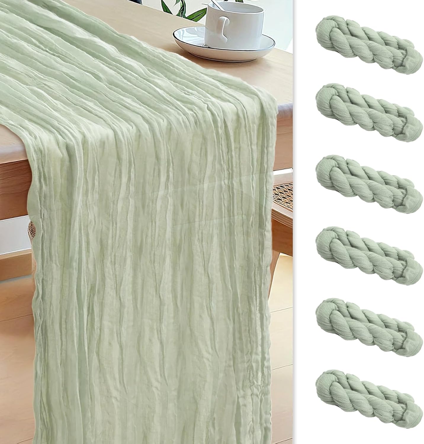 Le courant 6pcs 10Ft Cheesecloth Table Runner, Rustic Boho Gauze Cheese Cloth Runner Table Runner for Weddings Bridal Baby Shower Birthday Holiday Parties Home Decor, Sage Green