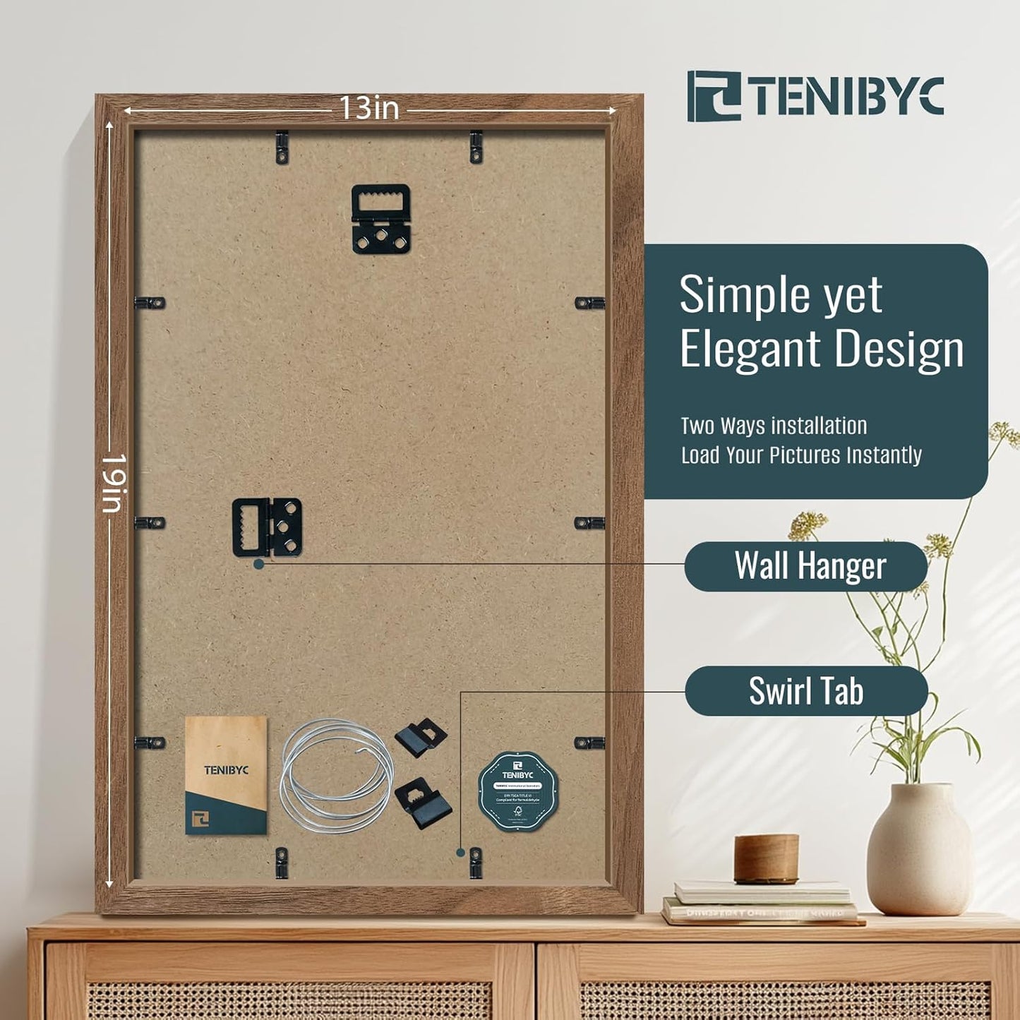 13x19 Picture Frame Set of 4, Textured Walnut Wood & HD Tempered Glass, Brown 19x13 Poster Frame for Wall