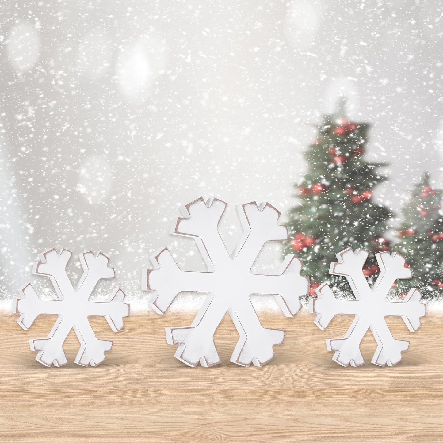 6Pcs Snowflake Decorations Christmas Decor White Winter Wooden Snowflakes Standing Christmas Tiered Tray Decor Table Signs Winter Wonderland Decorations for Indoor Home Xmas Shelf Fireplace Mantel