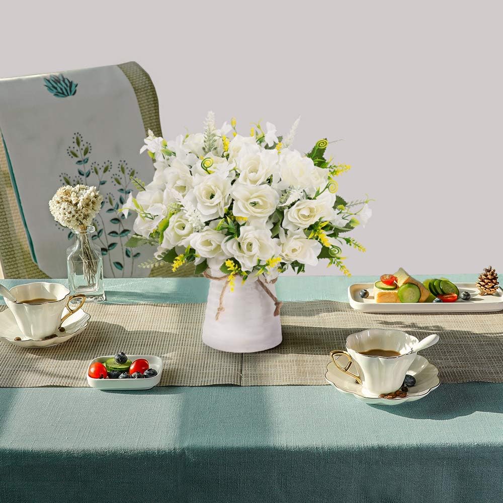 LESING Artificial Flowers with Vase for Table Centerpieces,Fake Silk Gardenia Flower in Vase Decoration for Home Office Party (White)