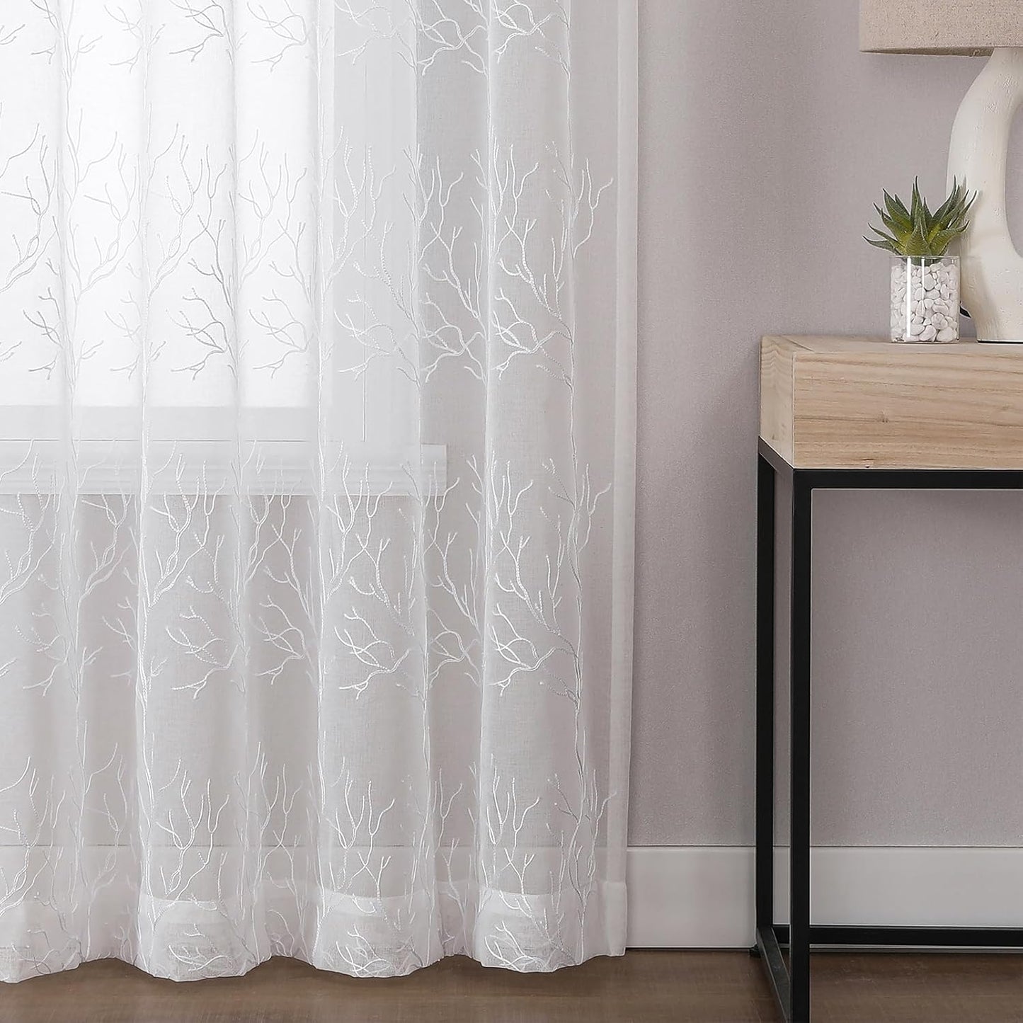 VISIONTEX Sheer Curtains 84 inch Length 2 Panels Set, Decorative White Coral Embroidery, Rod Pocket Embroidered Window Drapes for Living Room and Bedroom, 54" x 84"