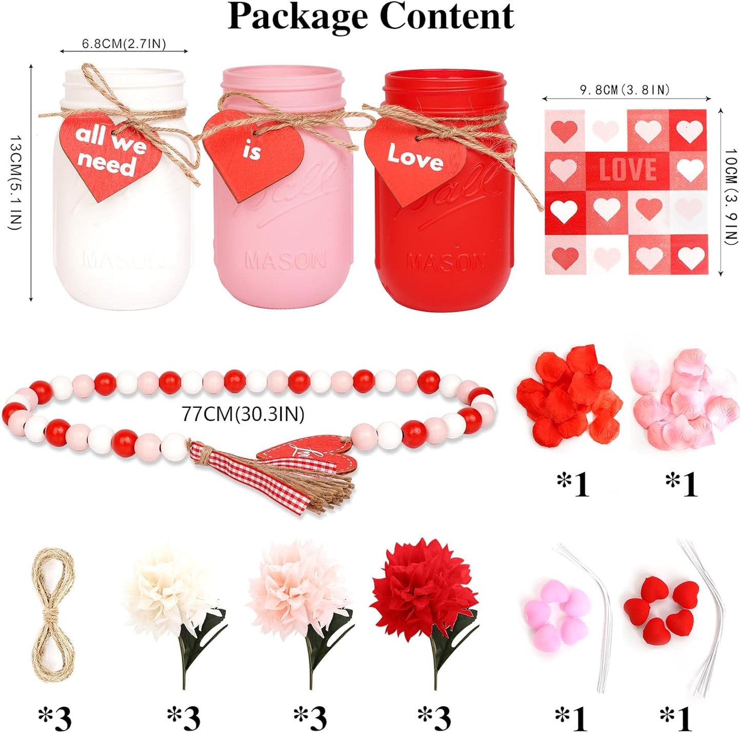 CNVOILA Valentines Table Decor, 6PC Mason Jars, Glass, Cylindrical, White, Red, Pink - Valentine's Day, Anniversary, Wedding, Farmhouse Decor