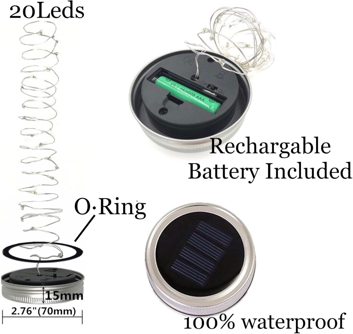 Solar Mason Jar Lid String Lights, 8 Pack 20 Led String Fairy Star Firefly Jar Lids Lights with 8 Hangers Included (Jars Not Included), for Mason Jar Patio Garden Wedding Lantern