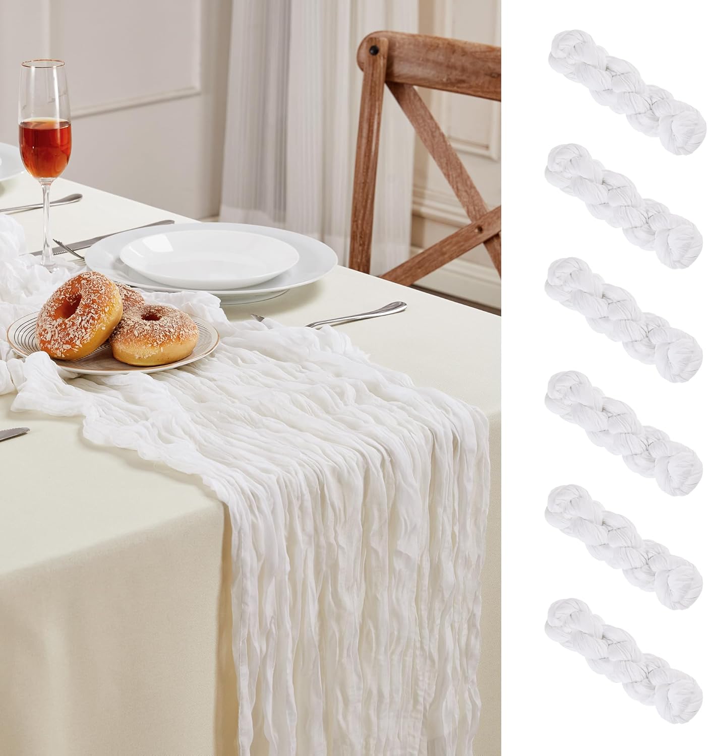 6 Pack White Cheesecloth Table Runner 10FT Long Boho Gauze Table Runner Rustic Sheer Runner for Wedding Bridal Baby Shower Birthday Party Table Decor Thanksgiving Christmas Decorations