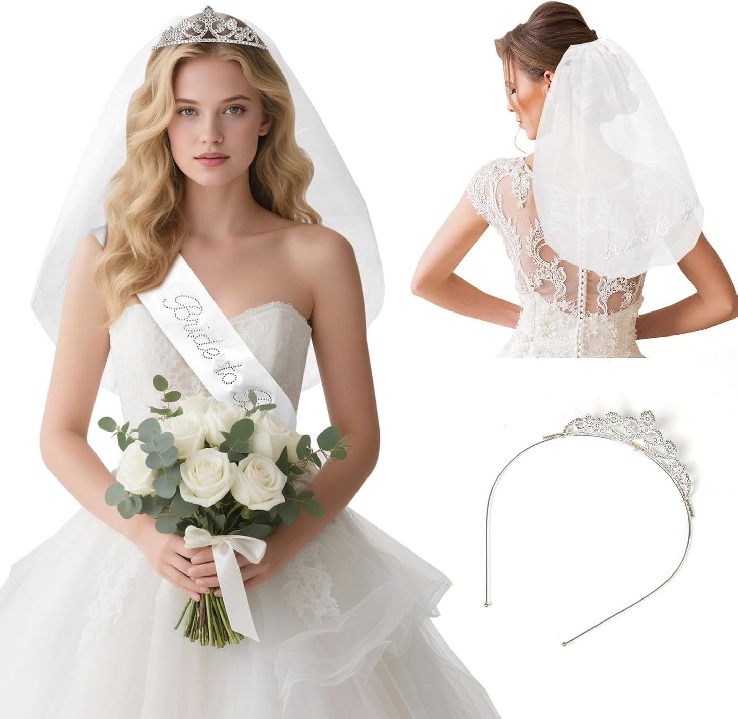 3PCS Bride Decorations Set – Satin Bride Sash, White Veil with Embroidered Letters, Silver Tiara Headband– Elegant Bridal Accessories for Wedding, Bachelorette Party