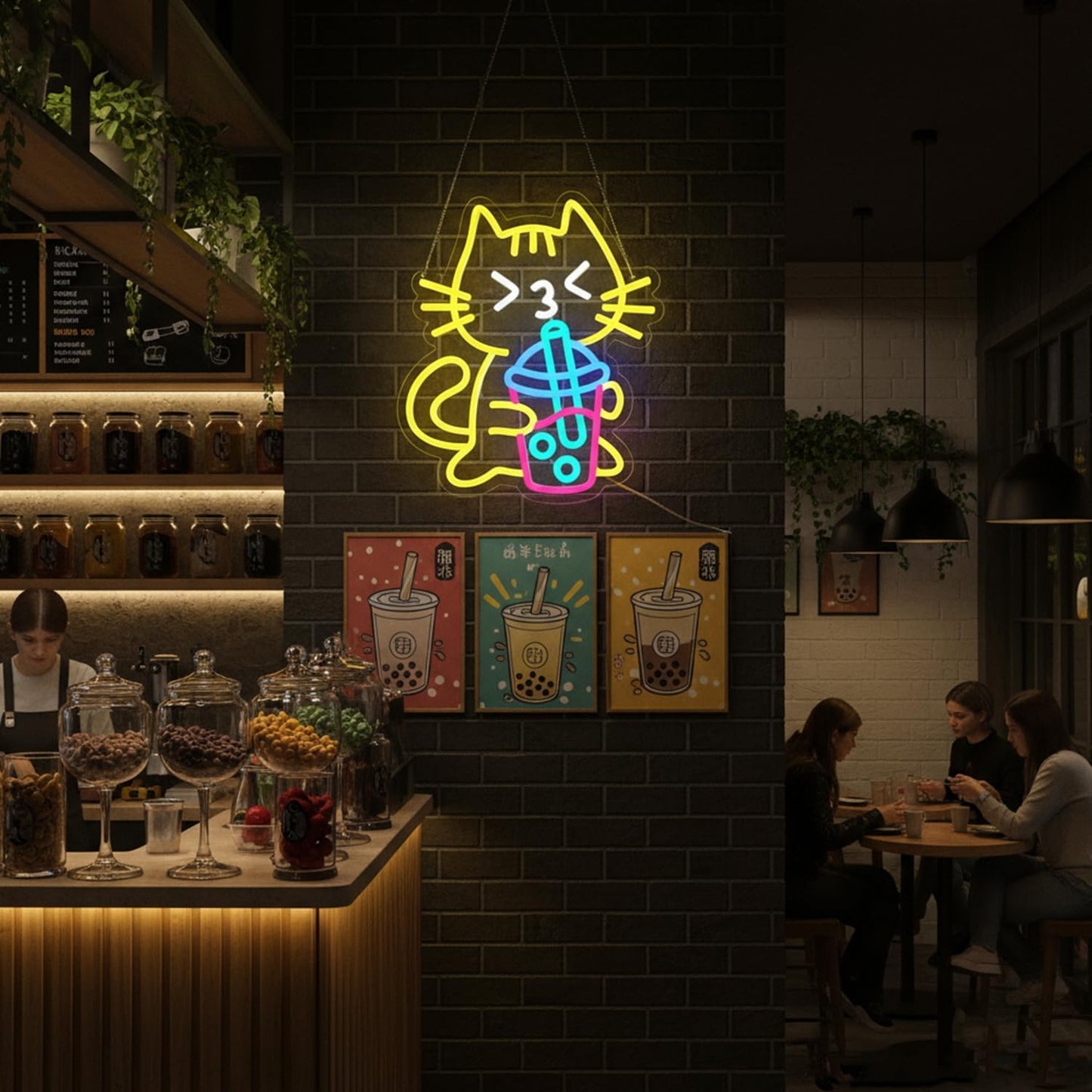 Cat Boba Tea Neon Sign Yellow Cat Led Neon Signs for Wall Decor USB Bubble Tea Neon Light Cute Animal Neon Light Sign for Bedroom Dessert Bar Coffee Shop Kitchen Restaurant Party