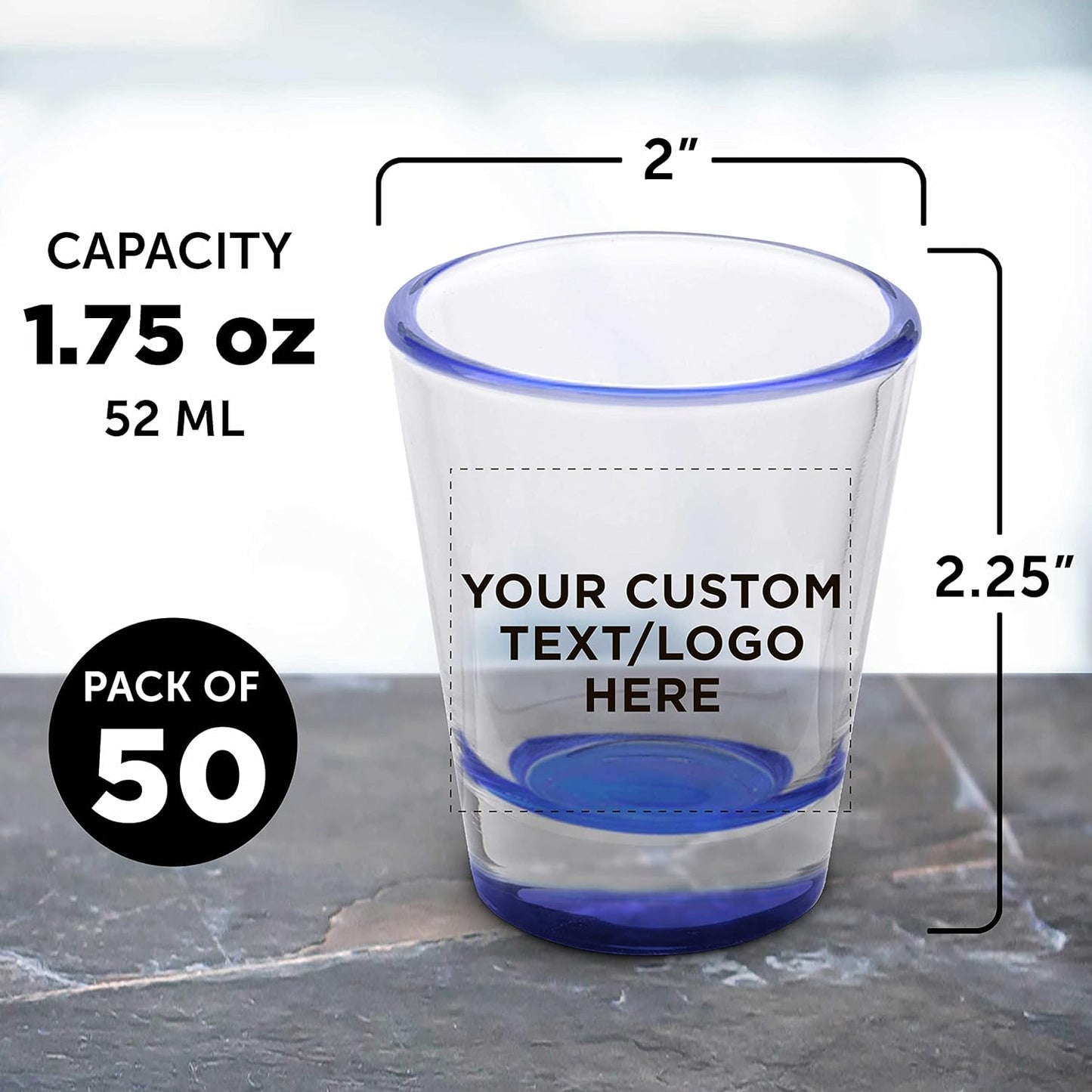 Custom Shot Glasses 1.75 oz. Set of 50, Personalized Bulk Pack - Great for Wedding Favors, Bachelorette Party Decorations, Party Fovors, Color Bottom - Blue