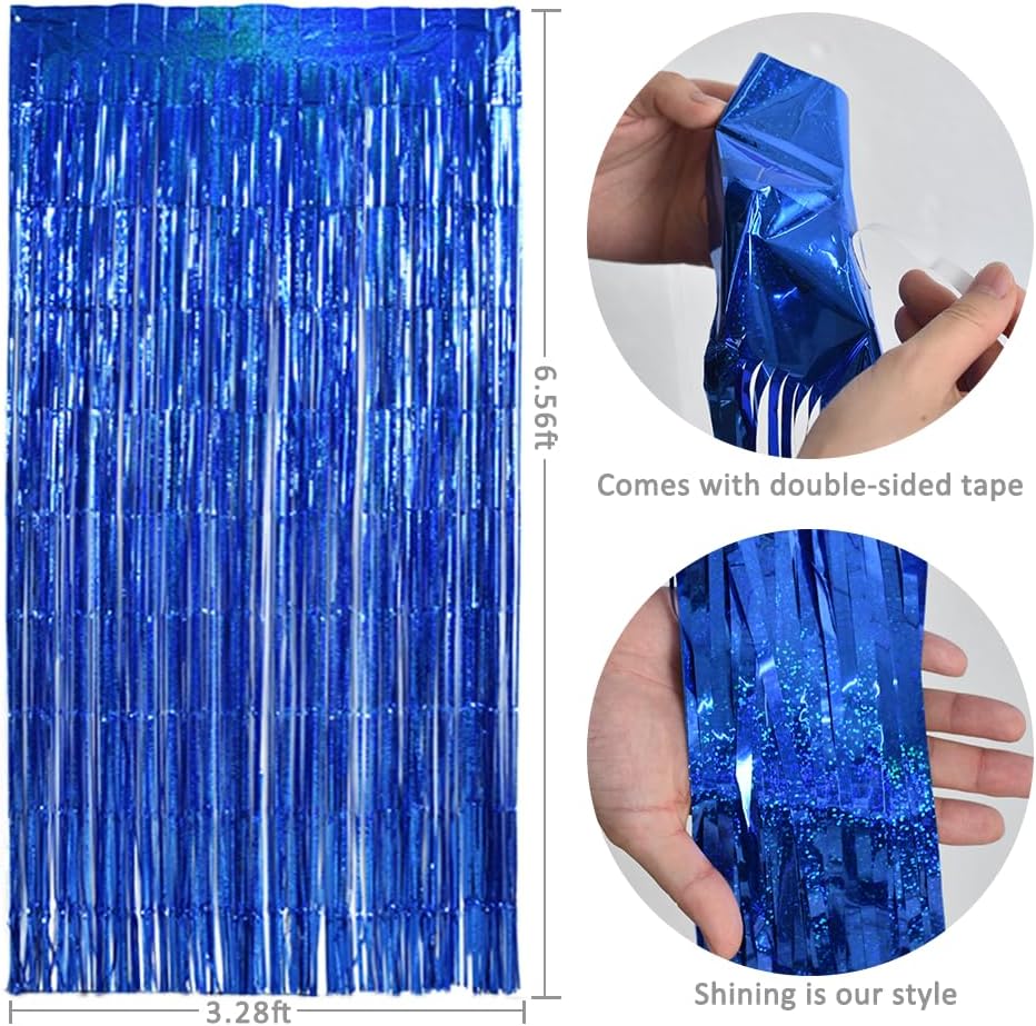 TONIFUL 3Pcs Laser Blue Door Streamers, Photo Booth Backdrop Metallic Streamers Foil Fringe Curtains for Birthday, Christmas, New Year, Bachelorette, Grad Party Decor (9.9ft x 6.6ft)