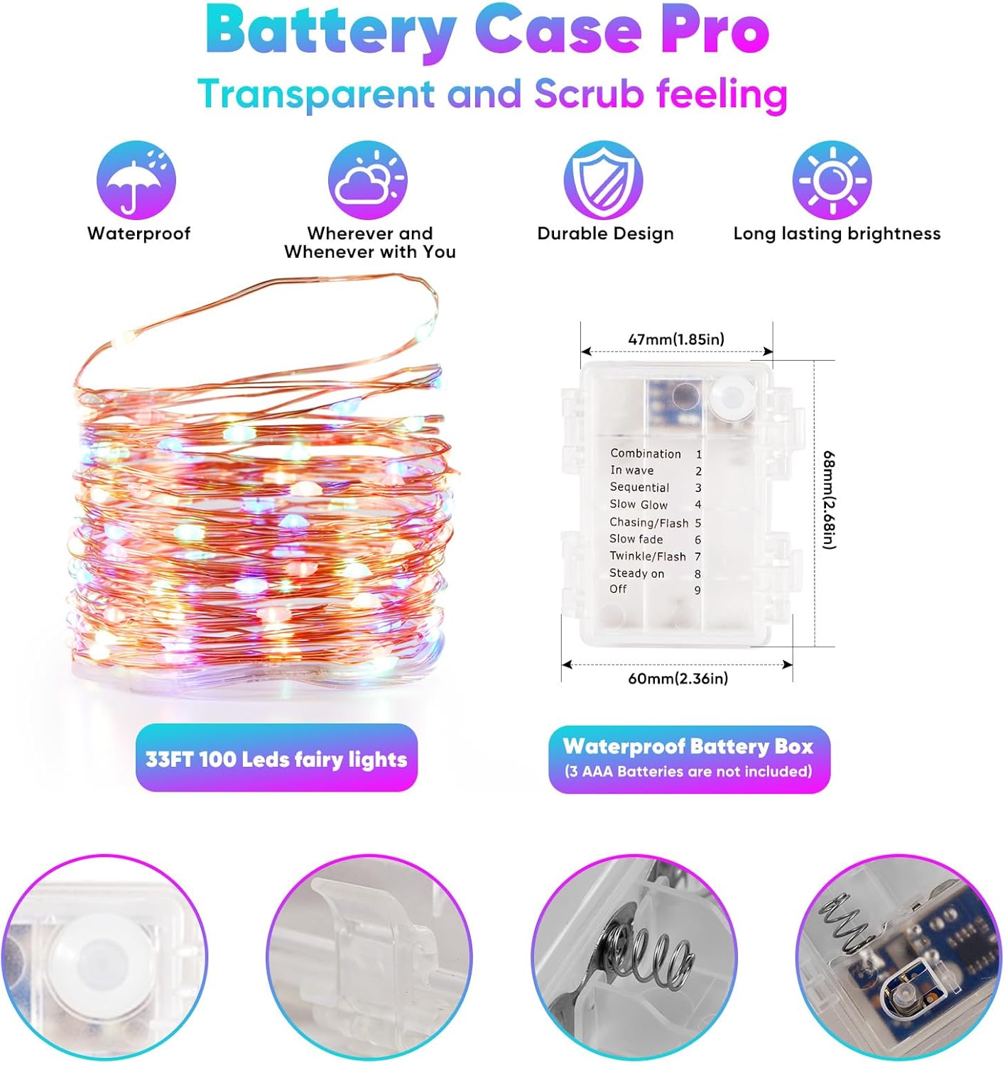 4 Pack 32.8 Ft. Battery Operated Outdoor String Lights with Remote & Timer, LED Multi Color Fairy Lights, Waterproof Twinkle Lights for Bedroom, Dorm, Mason Jar, Wedding, Party, Christmas