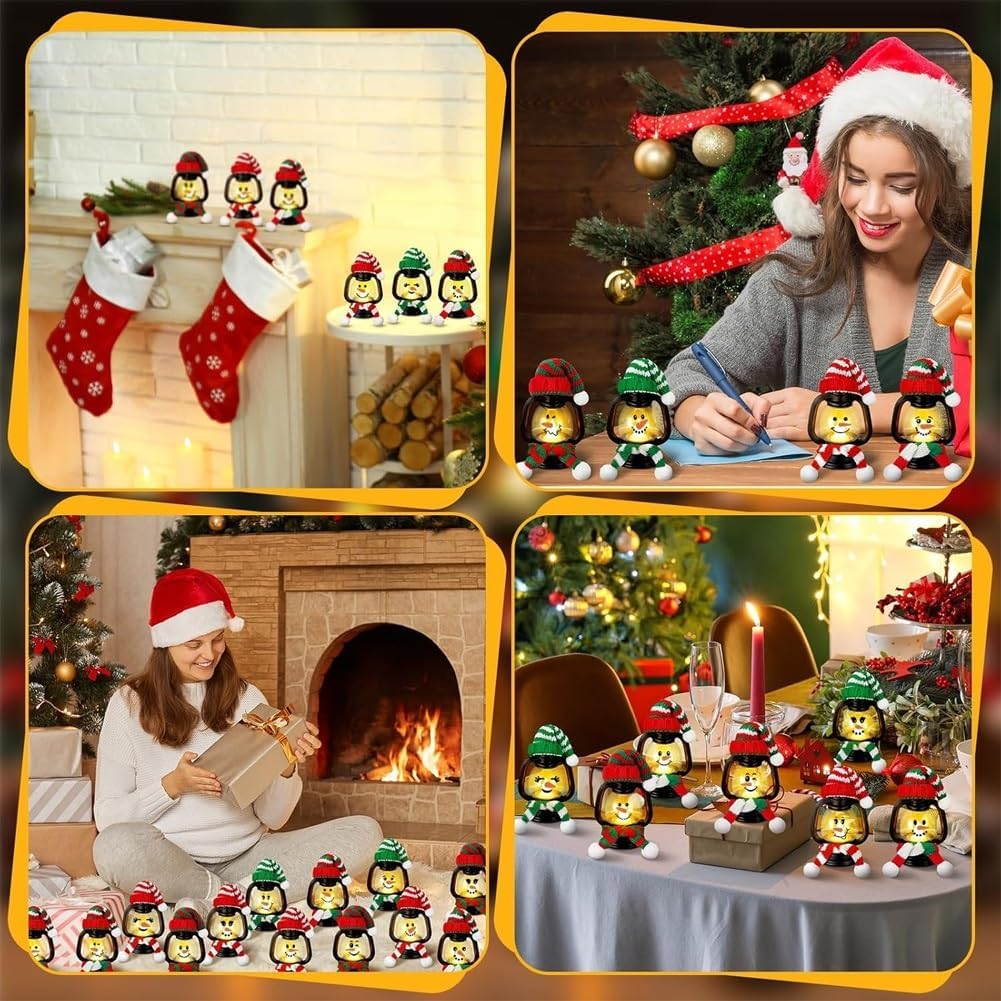Mini Snowman Lantern with Hats and Scarves, Mini Candle Christmas Snowman Lanterns Decoration, Small Winter Portable Tabletop Centerpiece for Holiday Party Favor(12pcs)