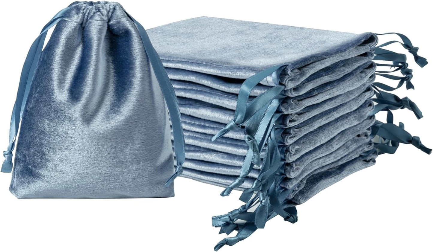 QIANF 12pcs Dusty Blue Velvet Drawstring Bags 3x4 inches Glossy Small Velvet Cloth Gift Bags Jewelry Pouches for Storage Wedding Party Favor Christmas