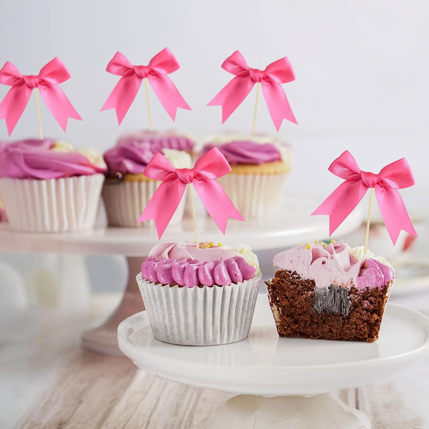 Ephlyn 24Pcs Bow Cupcake Toppers Bowknot Cake Toppers Bow Cupcake Picks Bowknot Birthday Party Decorations for Wedding Bridal Engagement Baby Shower Birthday Party Supplies Rose Red