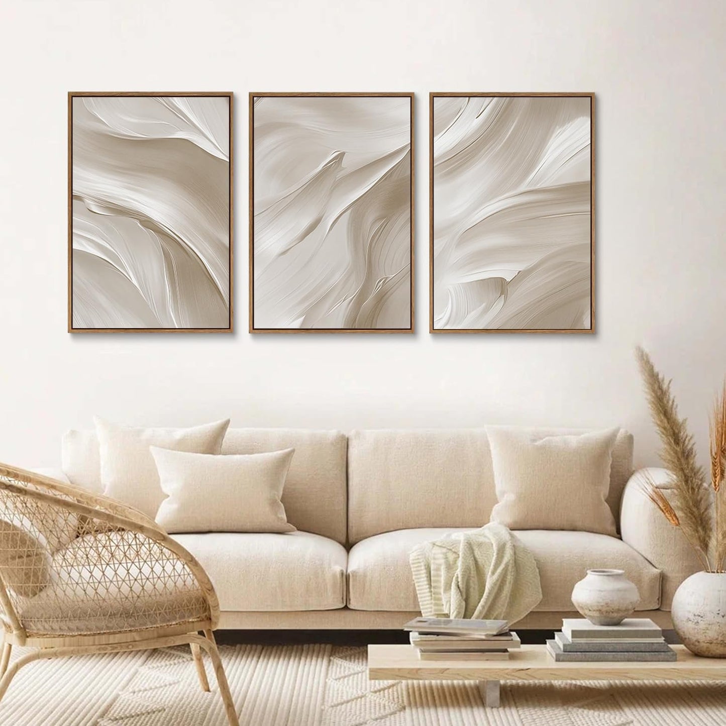 myusuar 3 Piece Large Abstract Framed Wall Art For Living Room, Smoke Texture Ink Beige White Canvas Wall Art Modern Minimalist Art Prints Wall Décor For Bedroom Office 16x24in