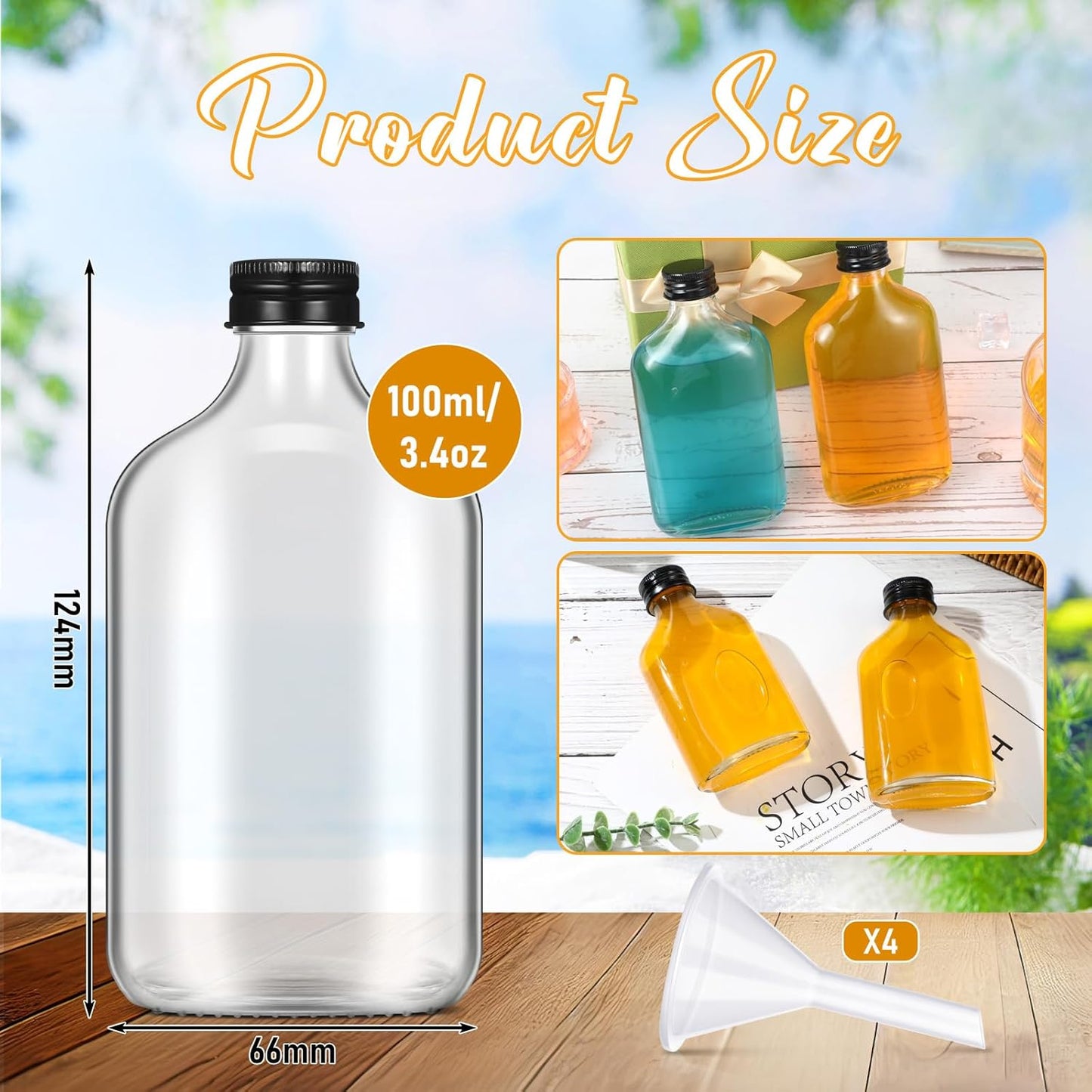 Gejoy 24 Pcs Mini Liquor Bottles Reusable Glass Flask Bottles with Black Caps Clear Empty Alcohol Shot Jars Small Champagne Jars with 4 Funnels for Wine Weddings Party Favors Christmas(3.4 oz)