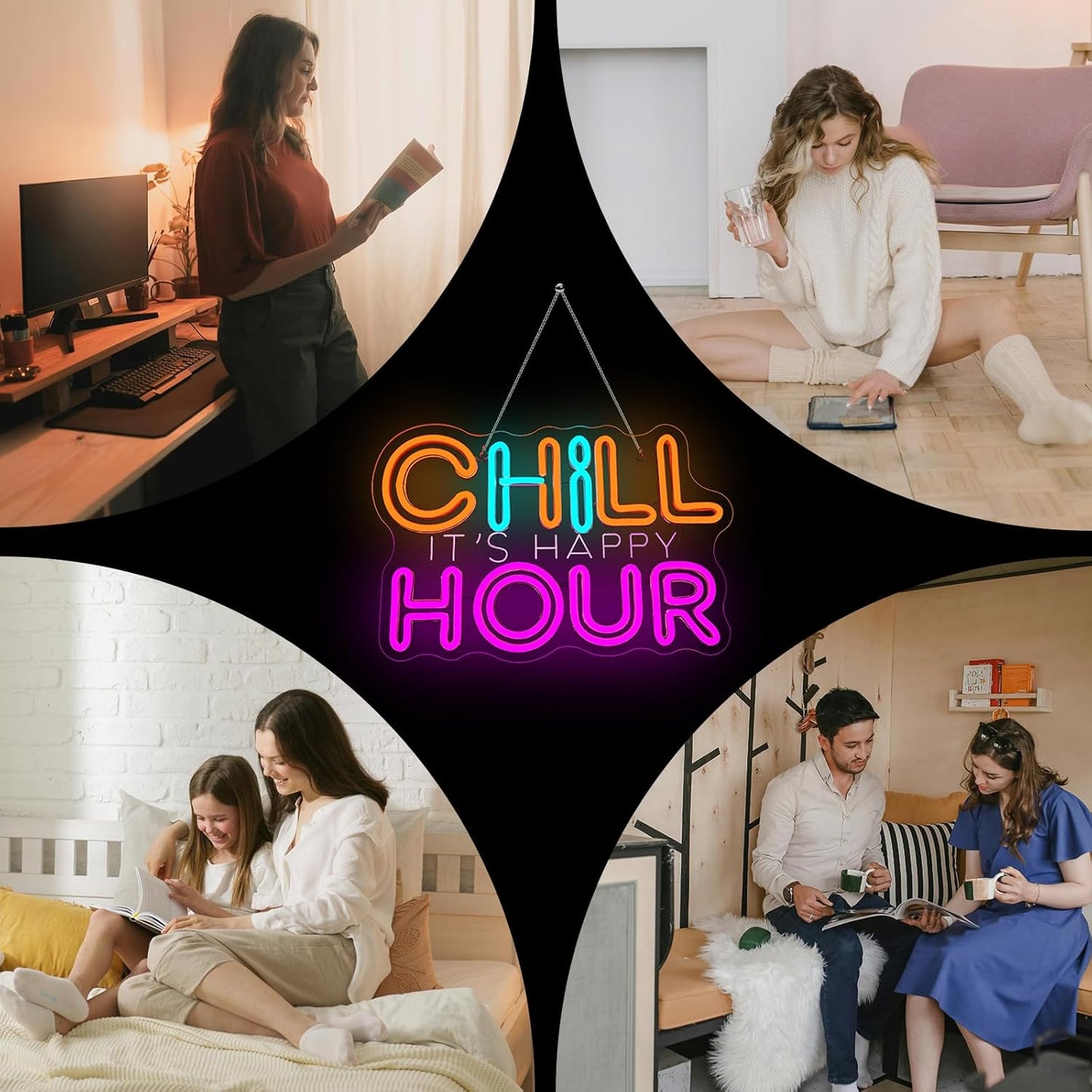 CHILL HOUR Neon Sign, Colorful LED Wall Light with “It’s Happy Hour” Quote, Aesthetic Neon Bar Sign for Bedroom, Dorm, Game Room, Home Party Décor