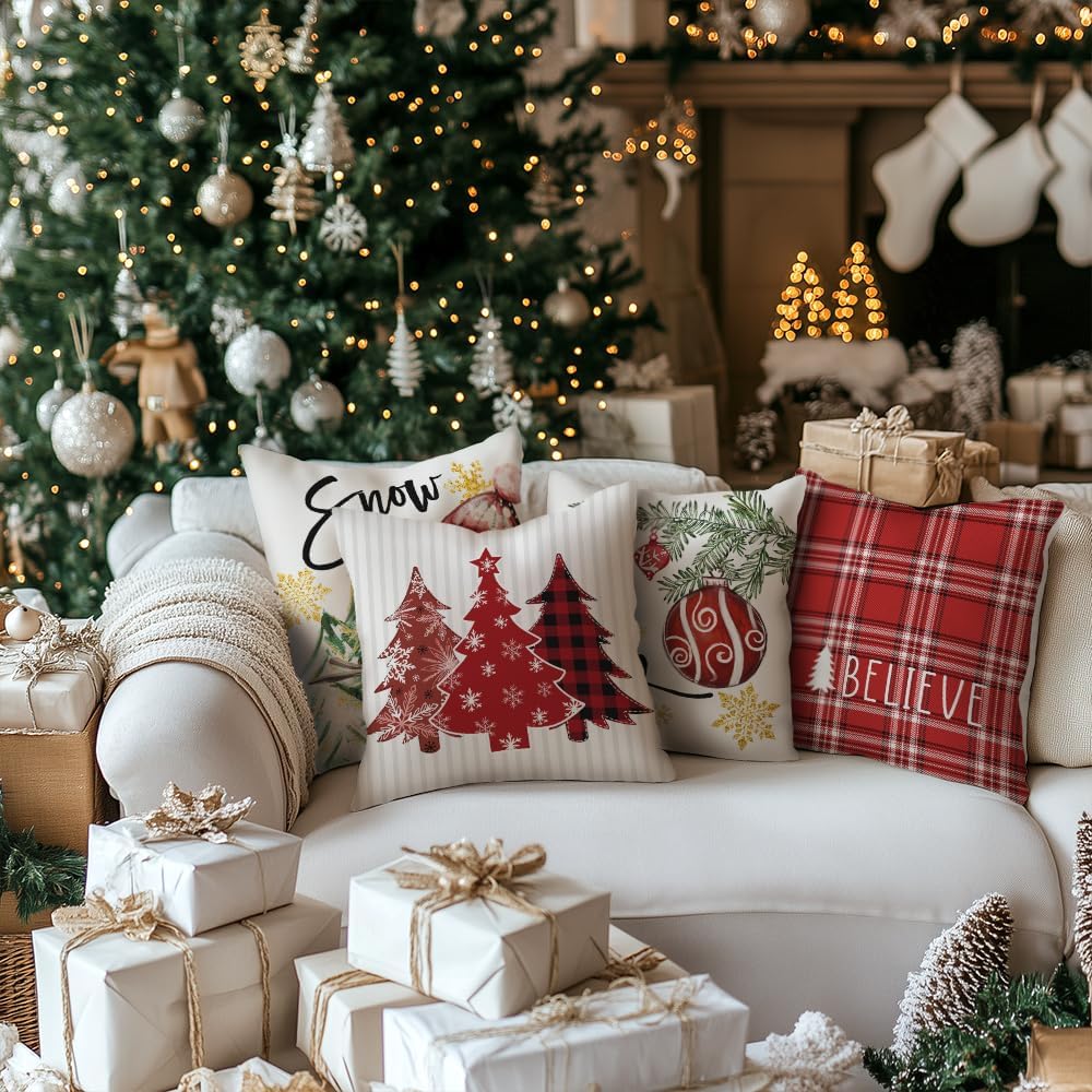 GEEORY Winter Christmas Throw Pillow Covers 18 x 18 Inch Set of 4, Xmas Trees Snowflake Snowman Joy Holiday Farmhouse Decorative Cushion Cases for Home Decoration G583-18