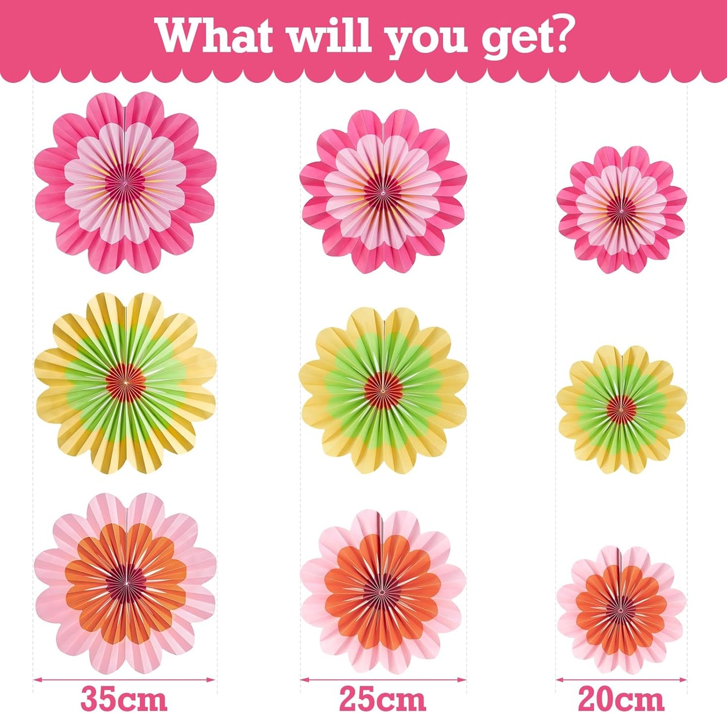 Easy Joy Paper Decorations Hanging Flower Fans - Floral Rainbow Paper Fans for Spring Summer Party, Wedding, Baby Shower - Set of 9