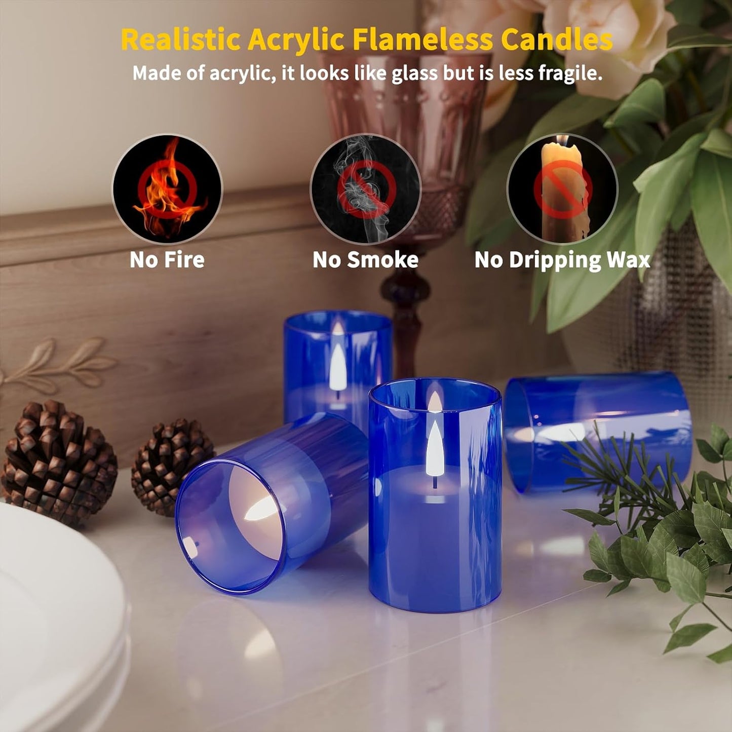 12Pack Flickering Flameless LED Candles with Timer, Battery Powered - Small Pillar & Votive, Acrylic Made, Blue (2"X3")