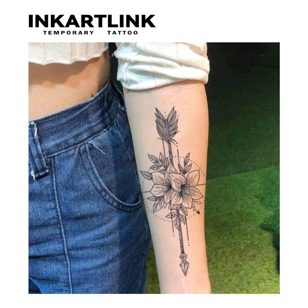 INKARTLINK Tattoo Tech, 2 Sheets Large Semi Permanent Tattoo, Adult Art Design Temporary Tattoos, Lasts 1-2 Weeks, Waterproof, Realistic Look, No Adhesive, No Reflection (Flower and Arrow Design)