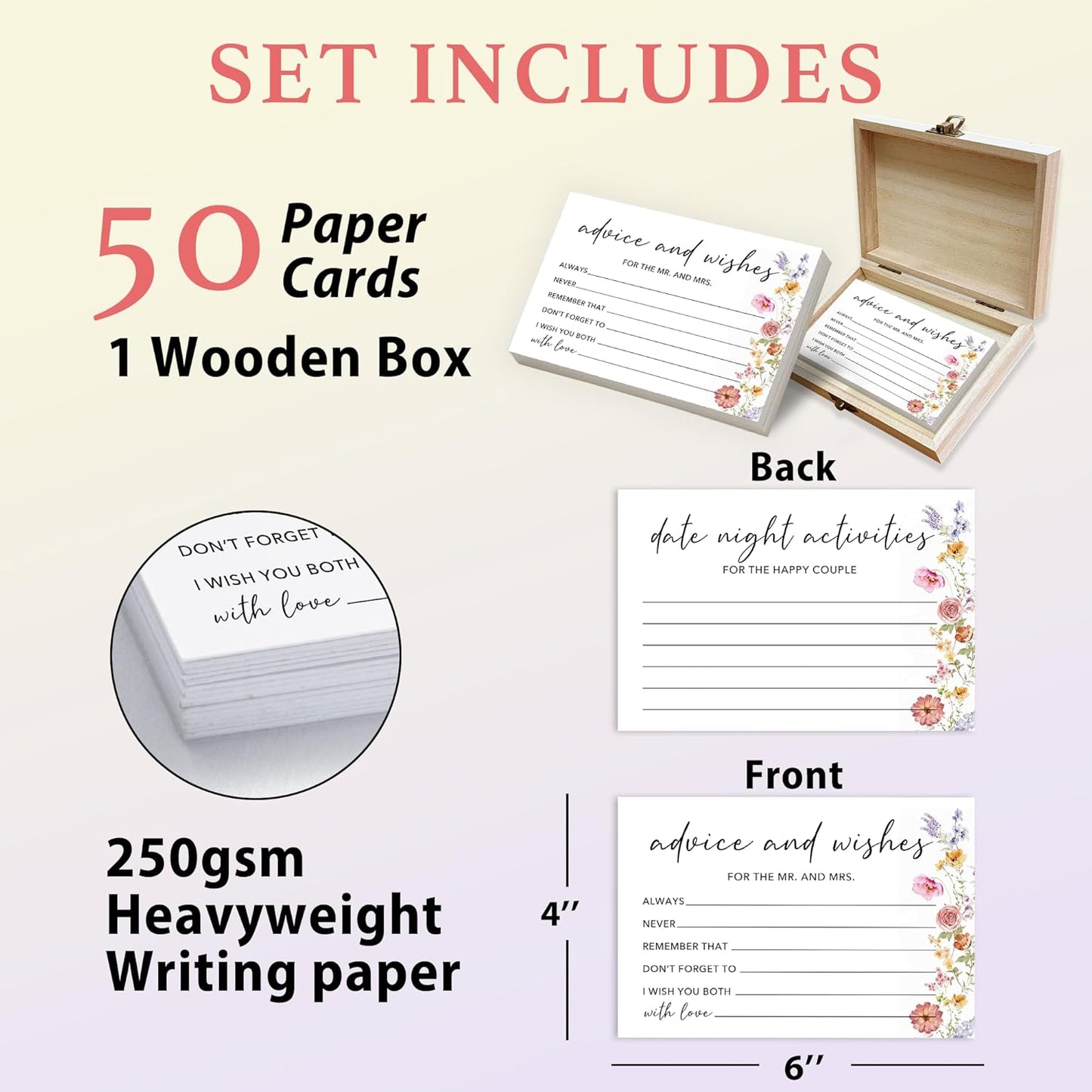 50 Pcs Advice and Wishes for the Mr and Mrs Cards in Box - Bridal Shower Guest Book - Perfect for Newlywed Games, Reception Decor, Engagement Parties & Anniversary Wishes(Wildflower) - B06