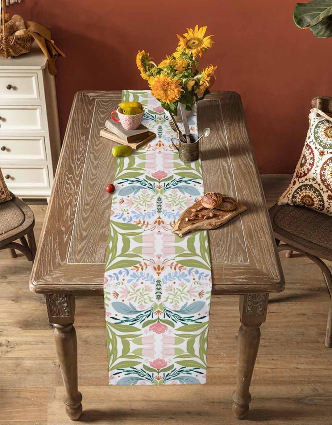 Green Blue Pink Boho Floral Cotton Linen Table Runner for Dining Kitchen, Wedding Outdoor Party Tablerunners Decoration, Retro Bohemian Botanical Dresser Scarf Coffee Tablecloth Runners 13x90 Inches