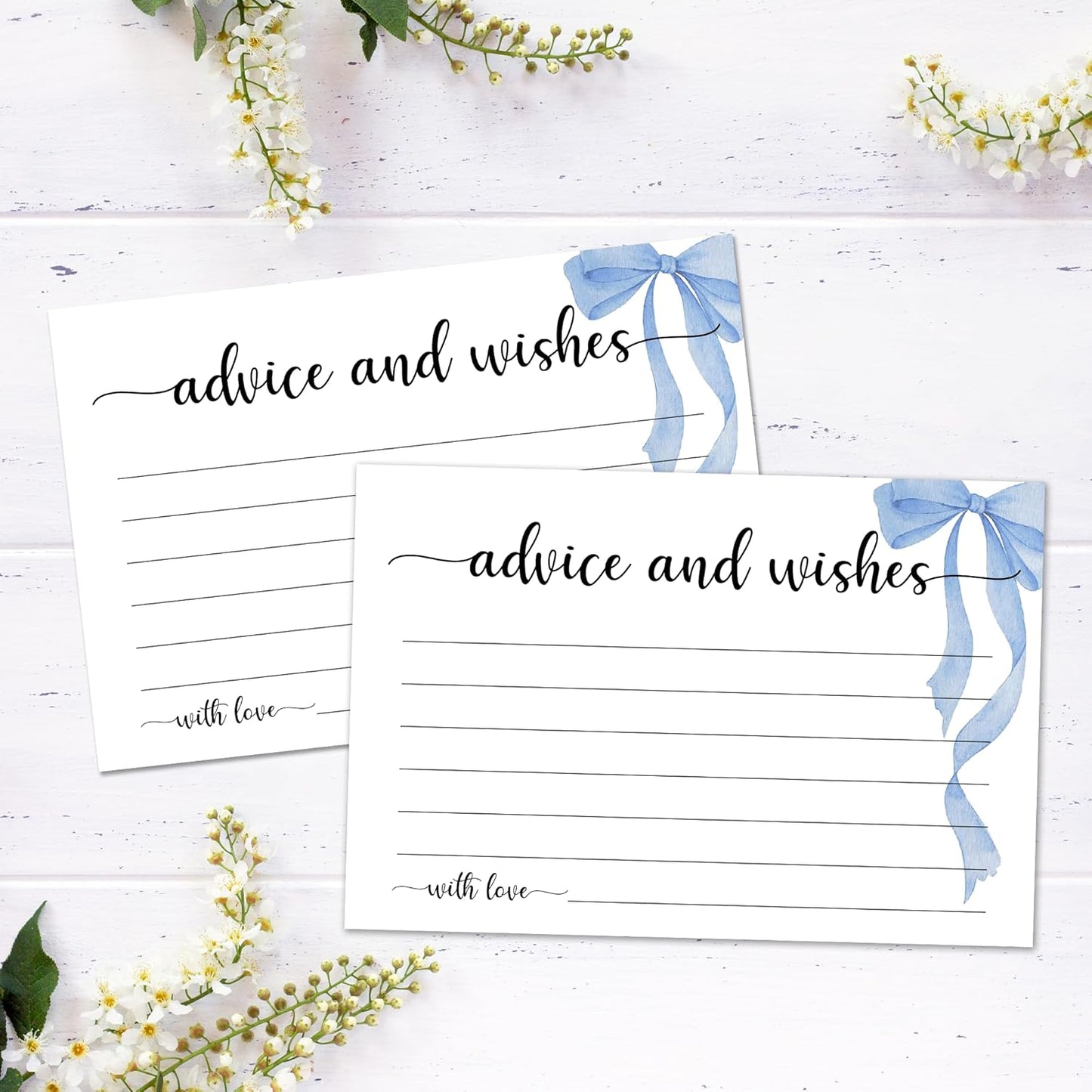 Advice and Wishes Cards Box, 50 Pcs Birthday Wedding Baby Shower Advice Cards, Well Wishes Box for Birthday Party Graduation Bridal Shower Retirement Party, Anniversary(Blue Bow) -A01