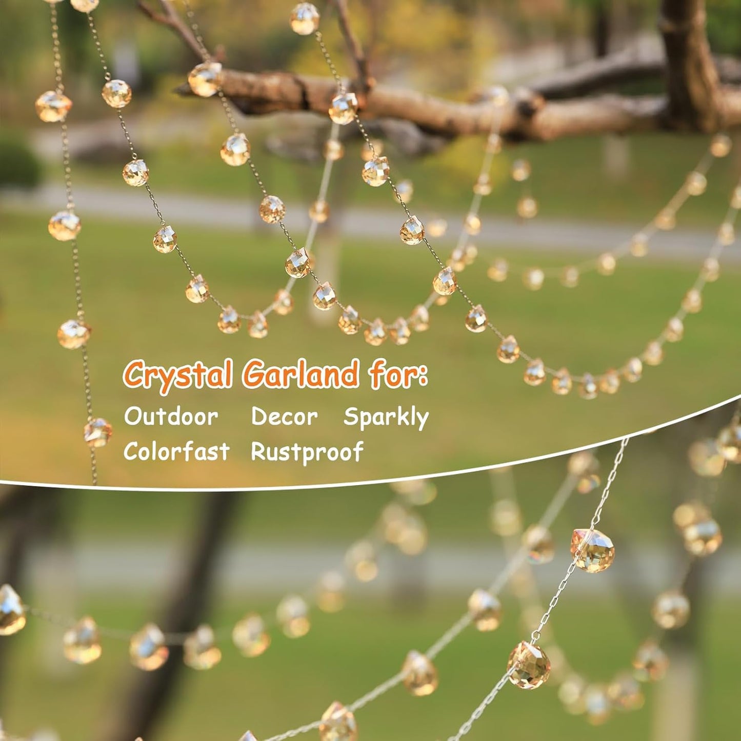 Christmas Garland, 9.8Ft Crystal Glass Beads Strands, 100pcs 10mm Faceted Waterdrop Glass Beads Hanging Ornament for Christmas Tree Centerpieces Wedding Party Decorations (Gold)