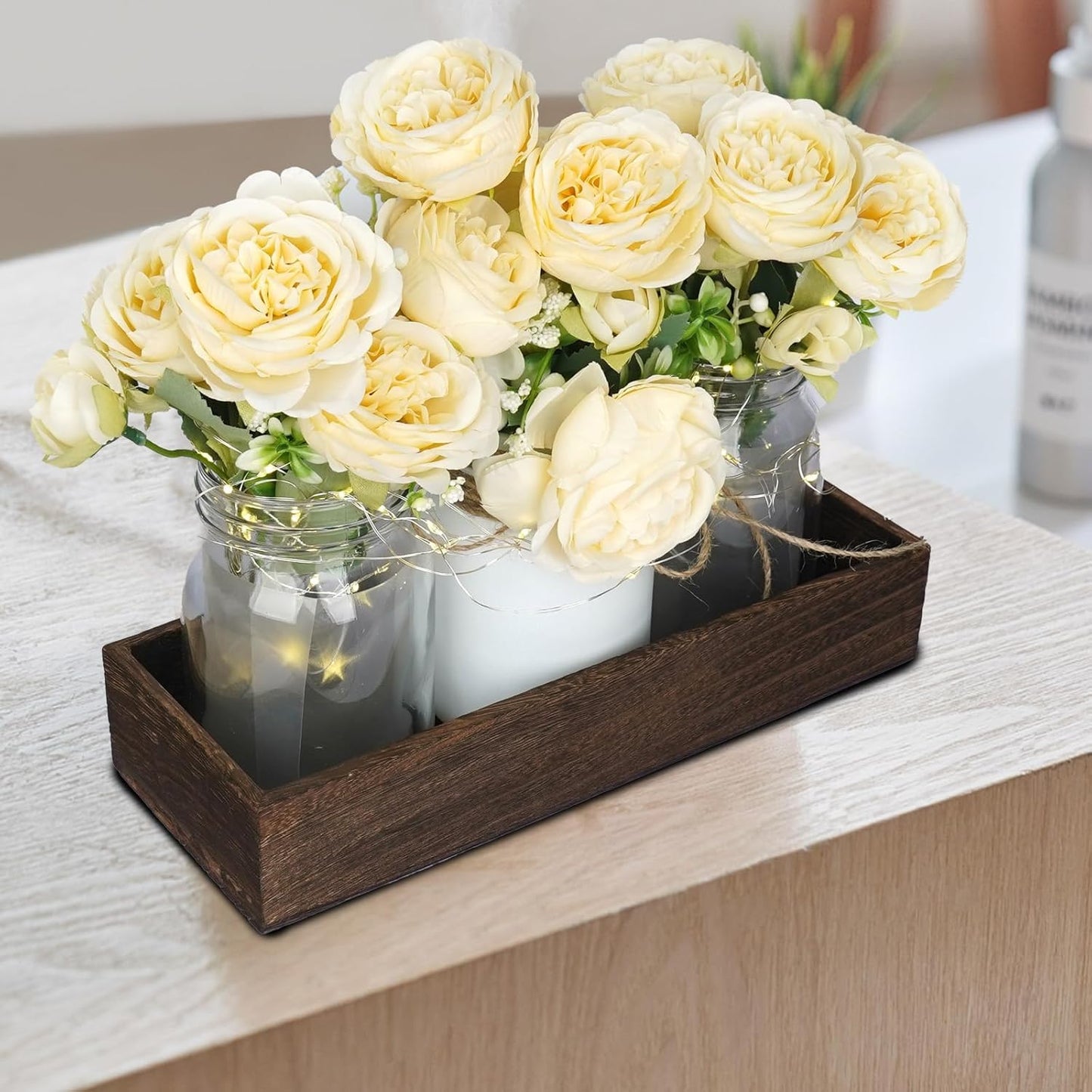 Champagne Floral Mason Jars for Centerpieces – Rustic Table Centerpiece Decorations with Lights & Tray – Wedding Centerpieces for Tables, Dining Room, Party or Reception Decor Kitchen Counter