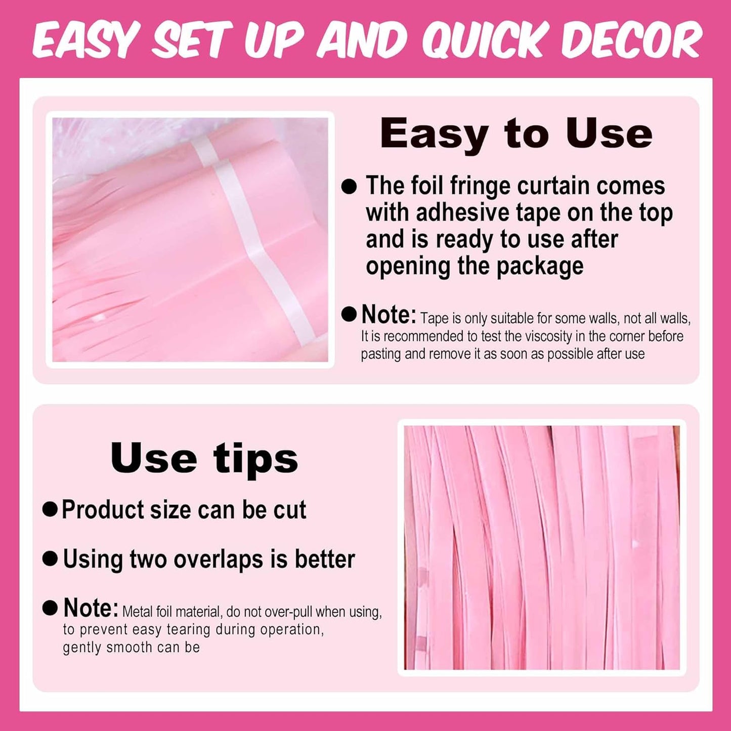 6 Pack Macaron Pink Foil Fringe Curtains Backdrop, 3.28 x 8.2 Ft Metallic Streamers Tinsel Curtains Background for Photo Booth, Birthday, Weddings, Carnivals, Graduation, Themed Party Decorations