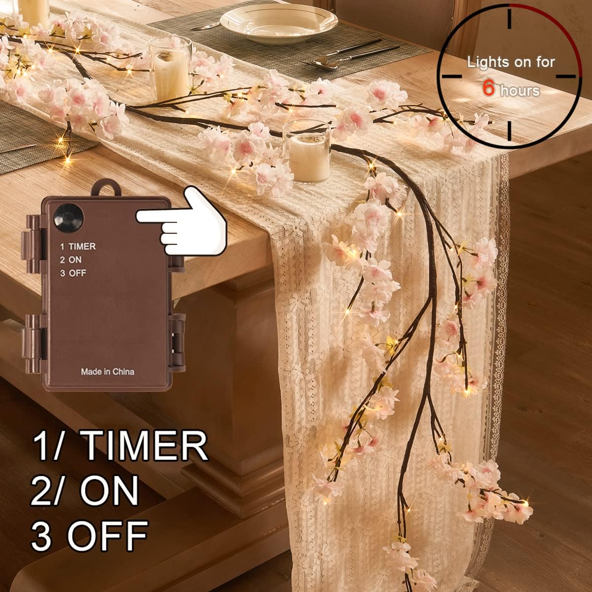 Fudios Lighted Garland Spring with Cherry Blossom 96 Fairy Lights 6FT for Mantle Year Round,Flower Garland with Lights with Timer Battery Operated for Wedding Party