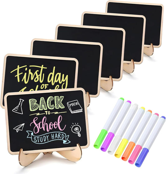 Vintage Wooden Mini Chalkboard Signs - Set of 6 | 4 x 3 Inch Tabletop Chalkboard Sign with Base Stands | Decorative Small Message Chalk Board Sign with 7 Liquid Chalk Markers