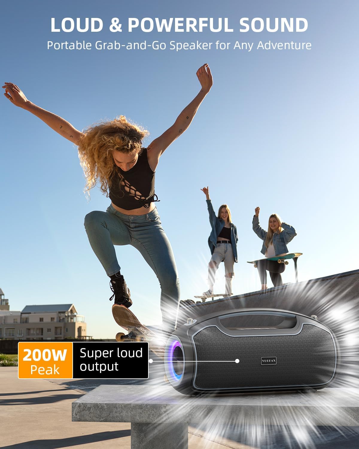 Portable Bluetooth Speakers Wireless Upgrade, 200W Peak Loud Sound/Deep Bass for Party, IP65 Waterproof Outdoor Speaker w/ 2*Subwoofer/Tweeter/DSP/Bass Boost/TWS/TF/USB/AUX, 24H Playtime