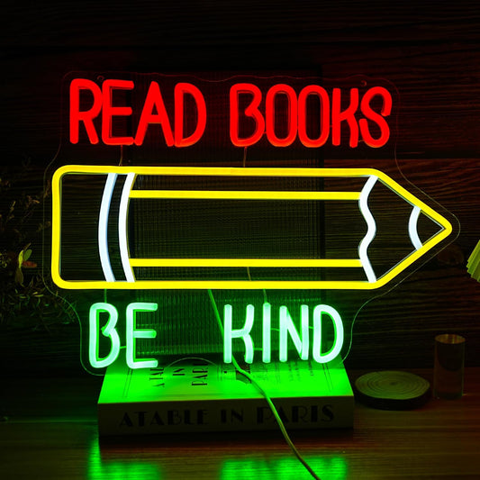 Read Books Be Kind Neon Sign Pencil Led Neon Light for Wall Decor USB Powered Be Kind Neon Light Sign Dimmable Read Books Light Up Sign for Classroom Study Room Library Bedroom Bookstore (16.5*12.8In)