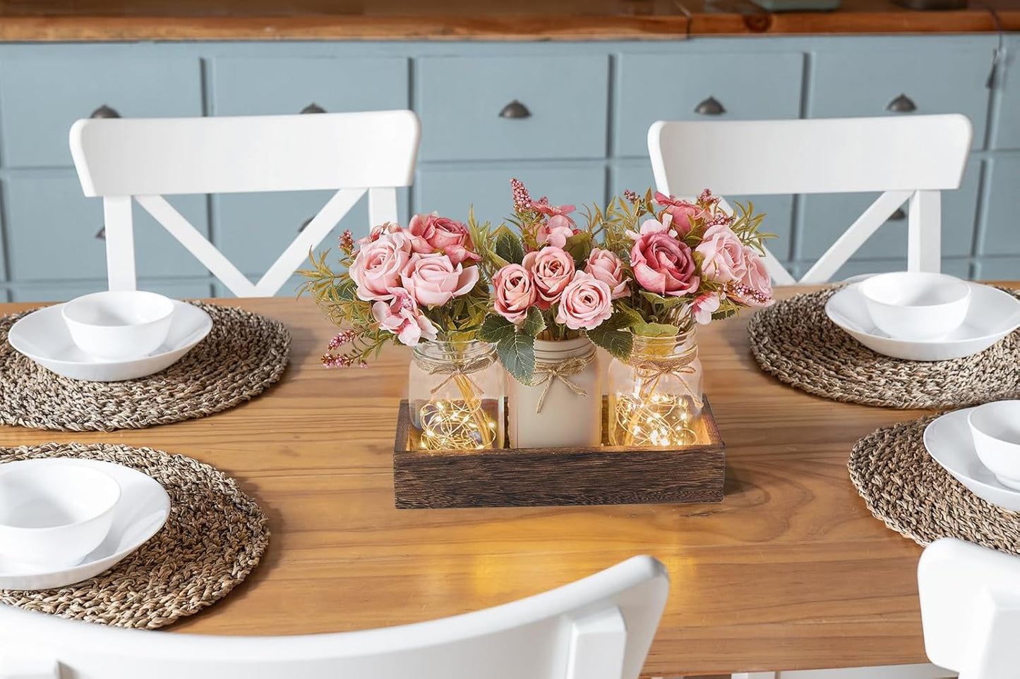 Mkono Mason Jar Lights Centerpiece Table Decorations For Dining Room Farmhouse Table Decor Tray With 3 Jars Flowers Arrangement Summer Decor For Kitchen Living Room Wedding, Pink