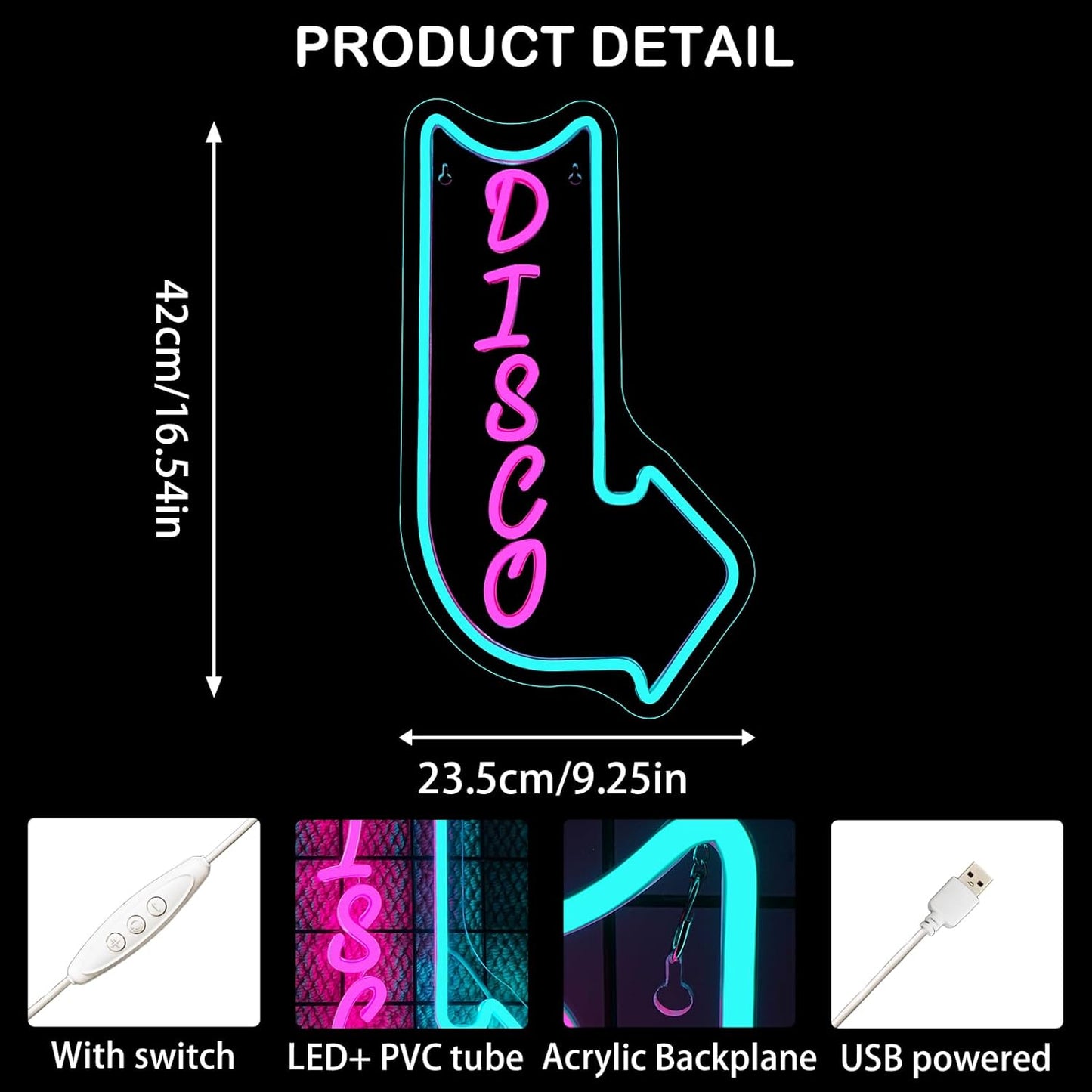 Looklight Disco Neon Signs for Wall Decor Pink Blue LED Word Light Sign Right-Pointing Arrow Neon Light USB Light Up Letters Sign for Disco Lover Music Bar Music Studio Rec Room Bedroom Party Decor