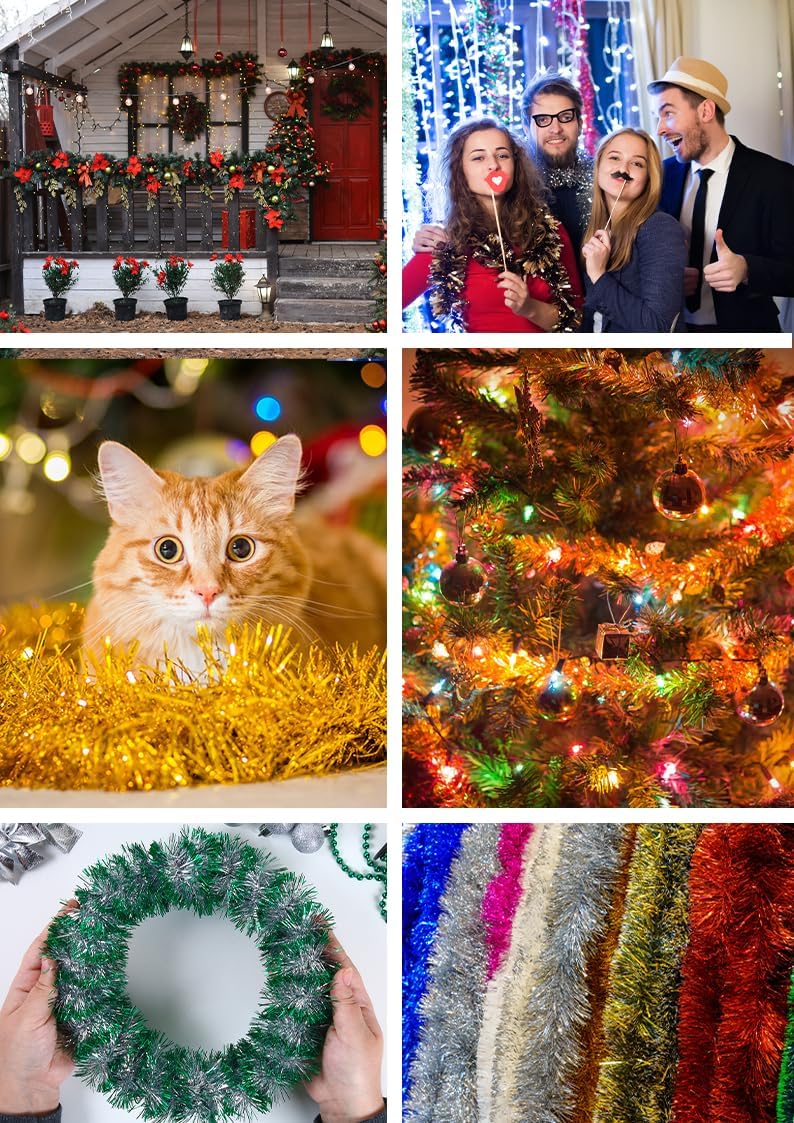 Mandala Crafts Silver Tinsel Garland - Thin Metallic Foil Glitter Mini Garland for Christmas Tree, Party, Wedding Decor, and Holiday Decorations