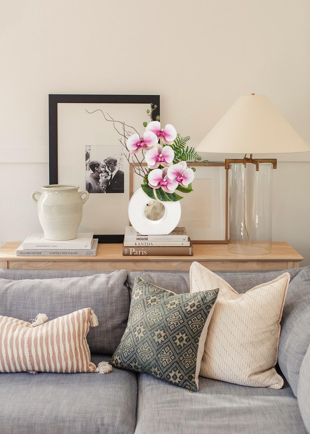 Briful Orchid Artificial Flowers 16.1'' Pink Orchid Silk Flowers with Ceramic Vase Faux Orchid Arrangement for Home Office Bathroom Table Centerpiece Indoor Decoration