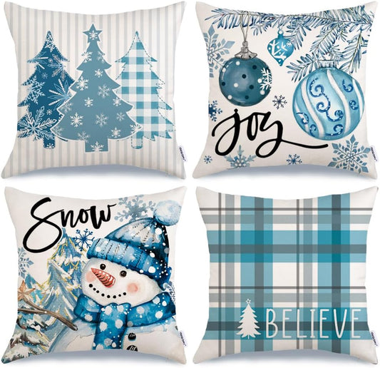 GEEORY Winter Christmas Throw Pillow Covers 18 x 18 Inch Set of 4, Xmas Trees Snowflake Snowman Joy Plaid Holiday Farmhouse Decorative Cushion Cases for Home Decoration G582-18