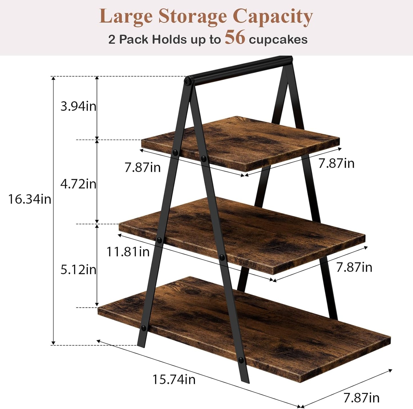 2 Pack Cupcake Stand 3 Tier Dessert Stand for 56 Cupcakes Dessert Table Display Set Wooden Cupcake Display Trays for Wedding,Birthday, Graduation, Party Decorations, Rustic Brown