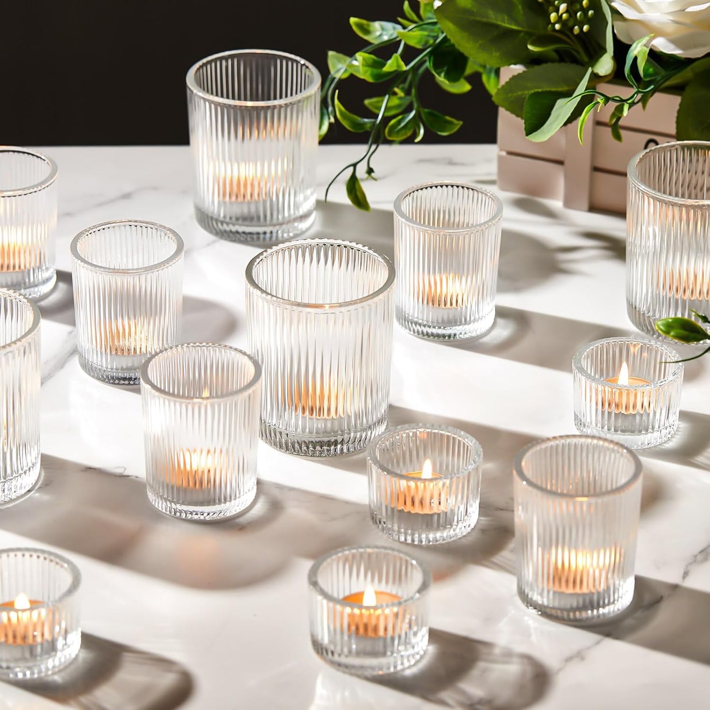 Mumufy 48 Pcs Assorted Votive Candle Holders Ribbed Glass Tealight Candle Holder Bulk for Table Centerpiece, Baby Shower, Home and Wedding Party Decoration (Clear)
