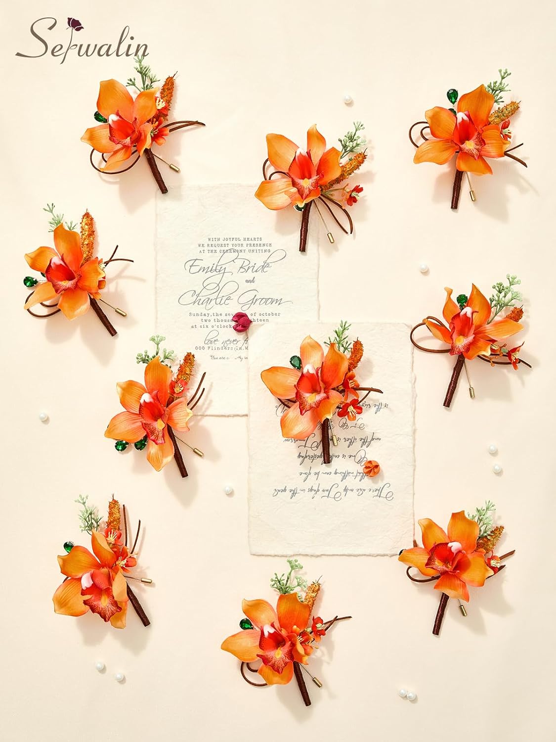 Serwalin 10Pcs Boutonniere for Men, Orange Groom and Best Man Boutonniere, Artificial Flowers for Wedding Decor Prom Homecoming Ceremony Anniversary Formal Dinner Party