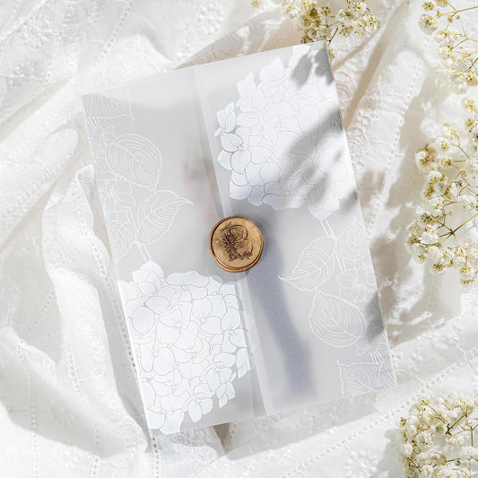 50 Pack Pre-Folded Vellum Jackets for 5x7 Invitations,AZAZA Elegant Translucent Invitation Sleeves,115GSM Vellum Jackets 5x7, Wedding Invitation Accessories, for Weddings Birthdays, Hydrangea Floral