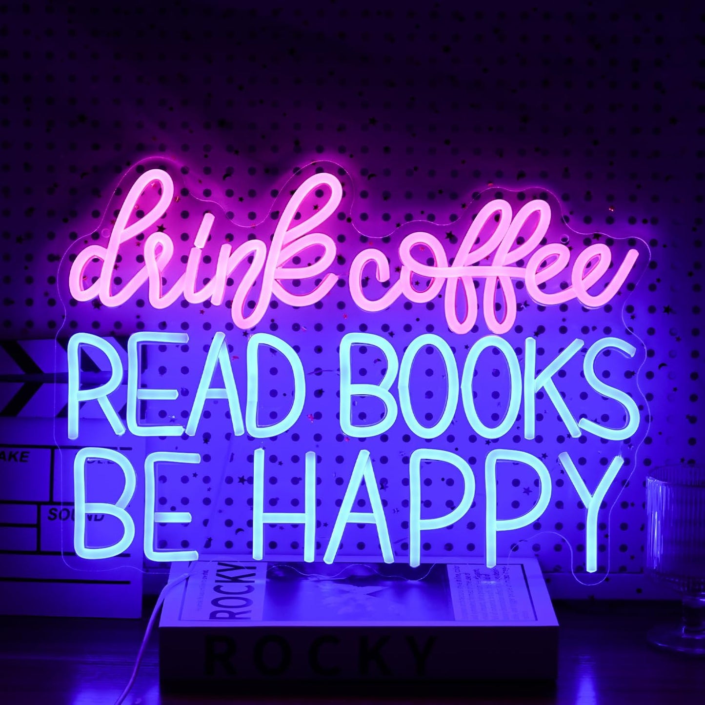 Drink Coffee Read Books Be Happy Neon Sign USB Powered Led Read Books Neon Light for Wall Decor Dimmable Pink Blue Neon Light Up Signs for Classroom Coffee Shop Bookstore Library Museum Study Room(16.5*12.6In)
