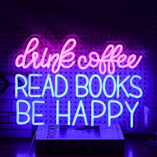 Drink Coffee Read Books Be Happy Neon Sign USB Powered Led Read Books Neon Light for Wall Decor Dimmable Pink Blue Neon Light Up Signs for Classroom Coffee Shop Bookstore Library Museum Study Room(16.5*12.6In)