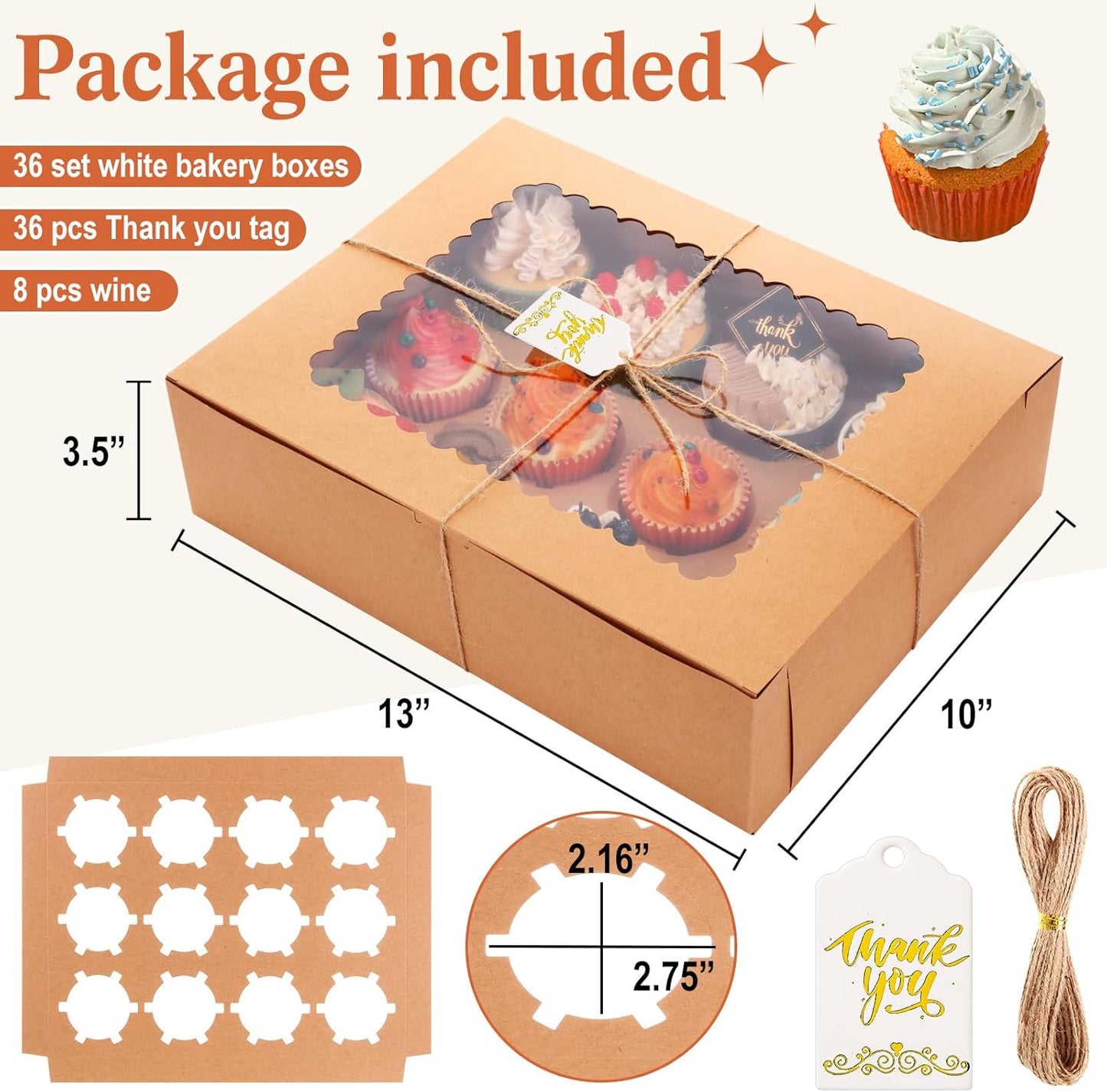 36 Pack Cupcake Boxes Hold 12 Standard Disposable Cupcake Containers with Window and Insert Cupcake Carrier with Thanks Card and Jute Rope to Muffins Cupcakes Cookies Gift Wrapping (Nature)