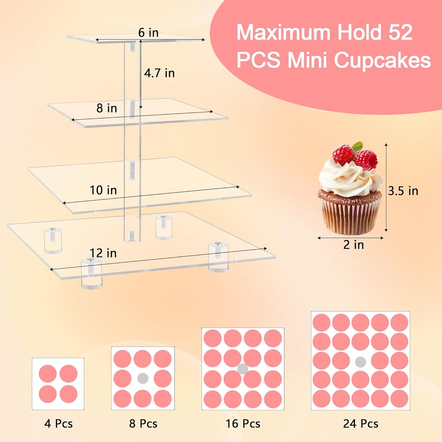 YestBuy 4 Tier Acrylic Cupcake Stand with Base, Premium Cupcake Holder, Acrylic Cupcake Tower Display Cady Bar Party Décor – Display for Pastry(4.7" Between 2 Layers)…